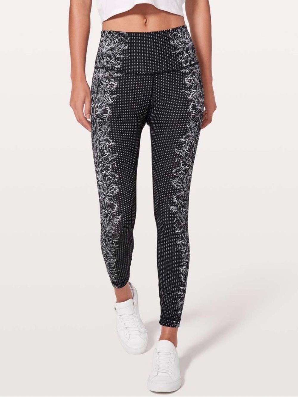 Lululemon Wunder Under High Rise Crop Leggings Floral Print Black White Size 6